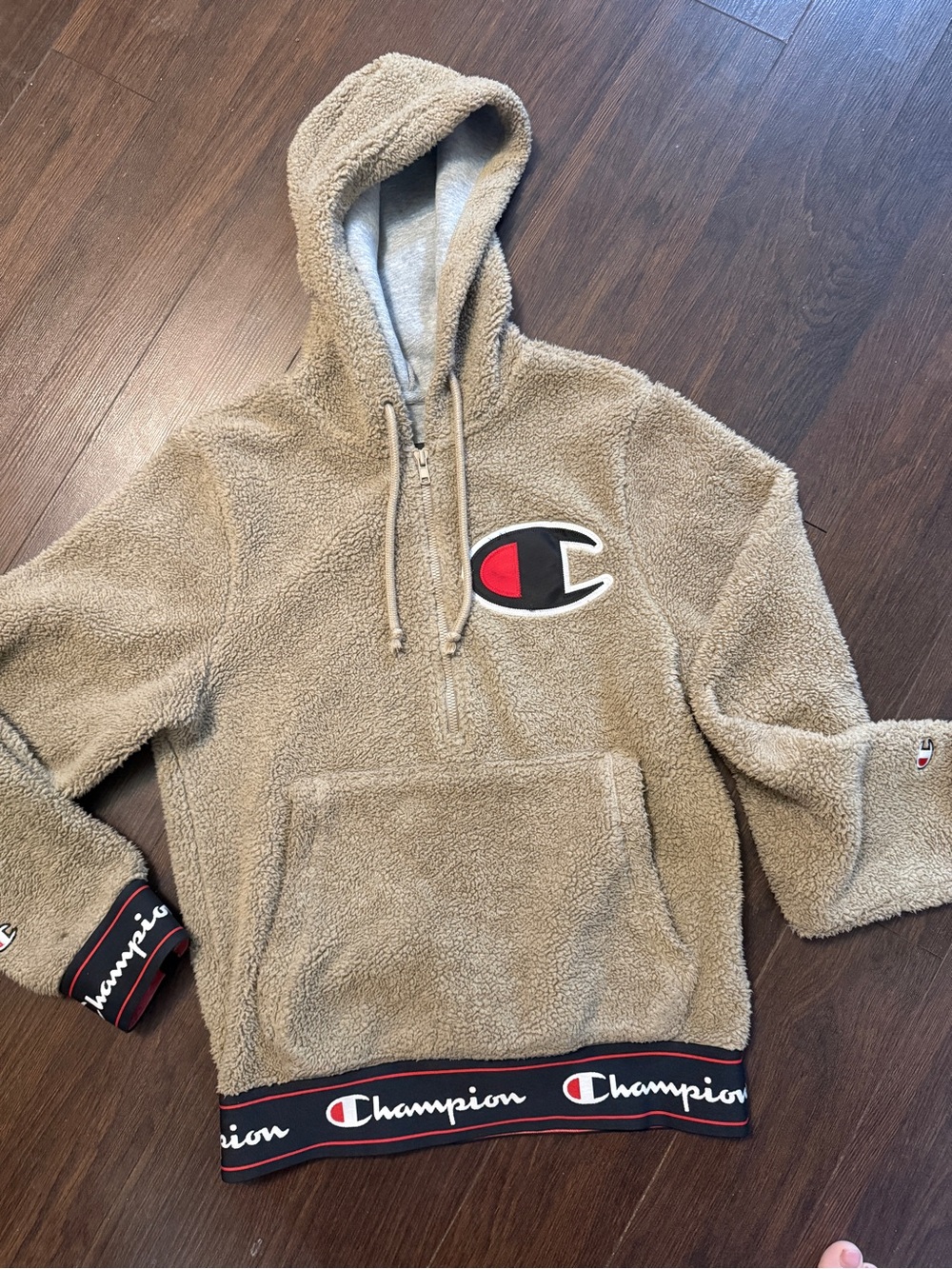 Champion Beige Sherpa Hoodie with Logo Patch and Branded Hem